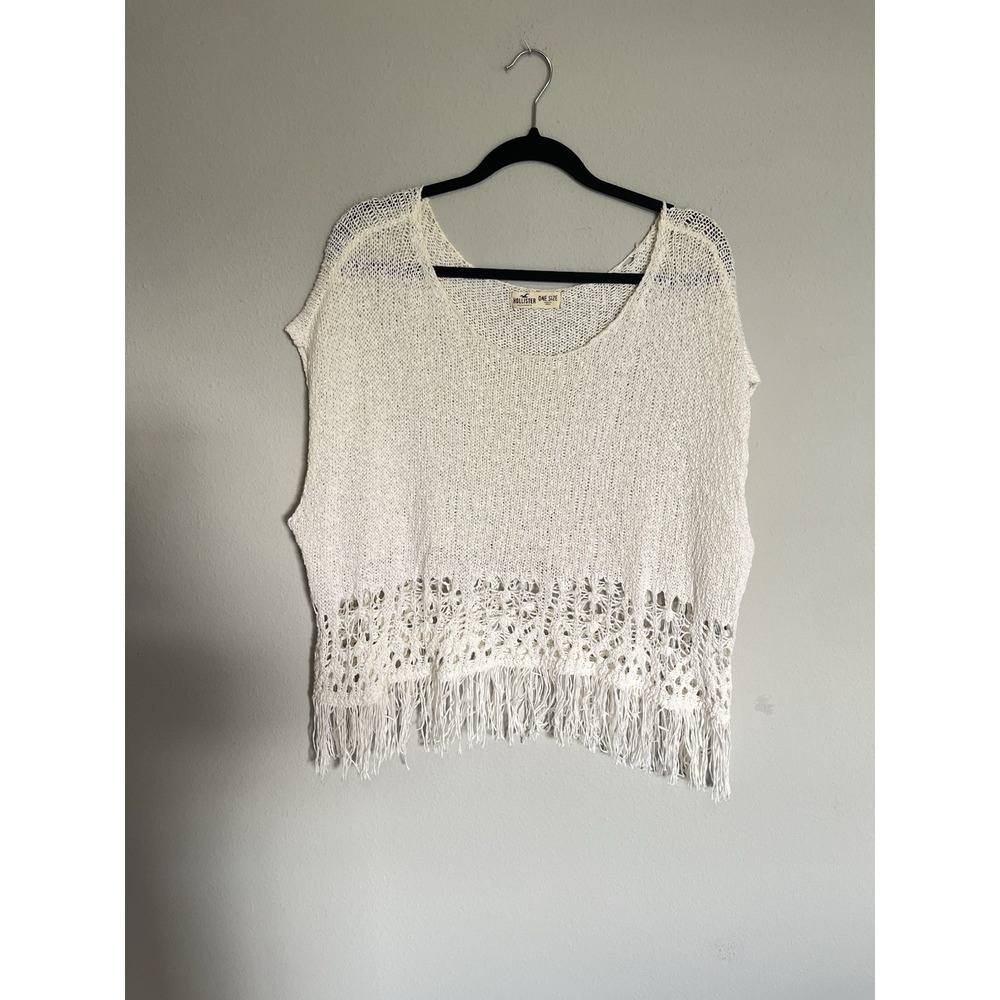 Hollister Top Crochet Sleeveless Fringe Coverup Coastal Beachy Boho Oversize OS